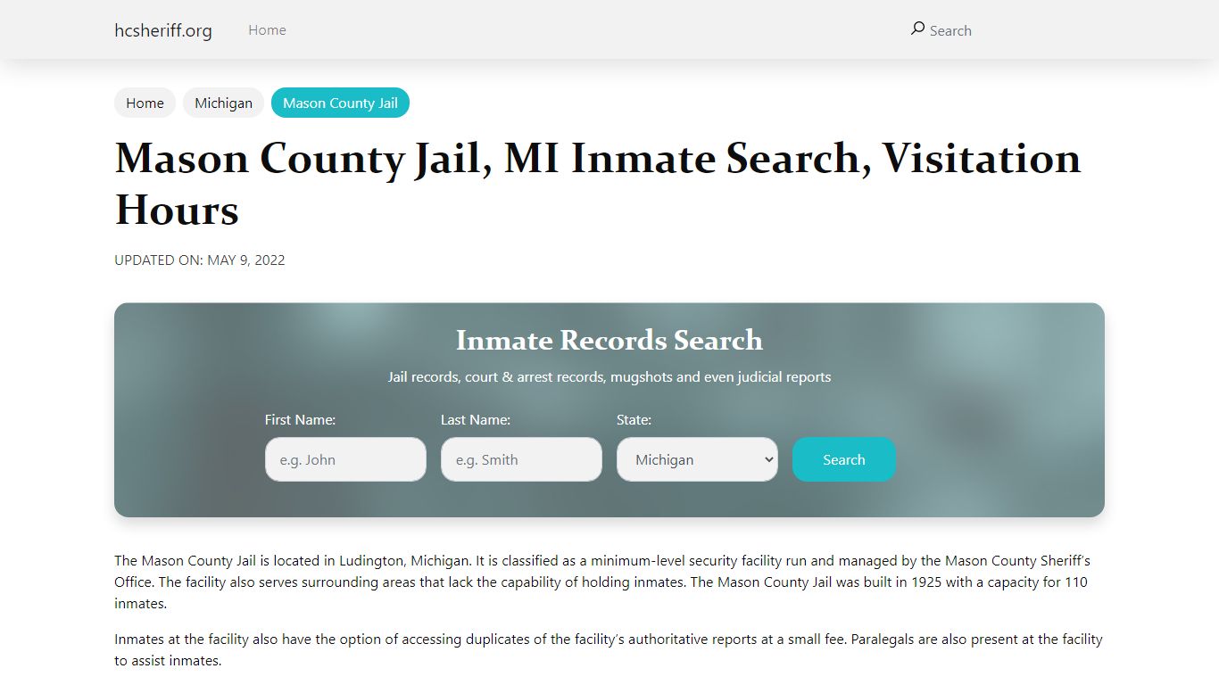 Mason County Jail , MI Inmate Search, Visitation Hours